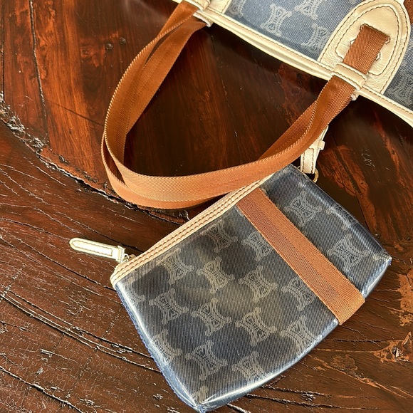 Celine Clear PVC Shoulder Tote Blue Pattern Brown Nylon Handle Zip Pouch Unisex - Picture 6 of 15